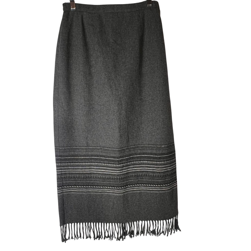 Studio C Gray Wool‎ Blend Maxi Skirt Fringed Hem Embellished Career Wear